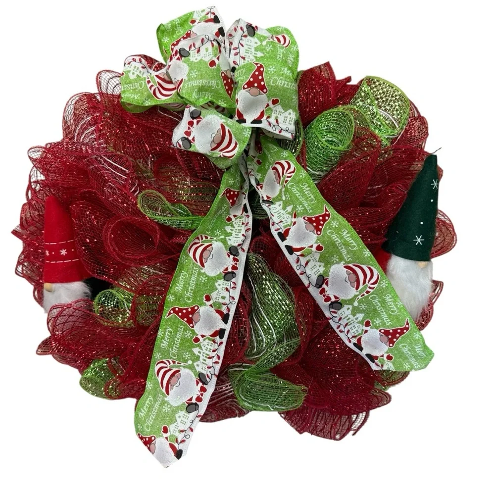 Handmade Christmas Gnome Deco Mesh Wreath Red & Green Santa Ribbon 17